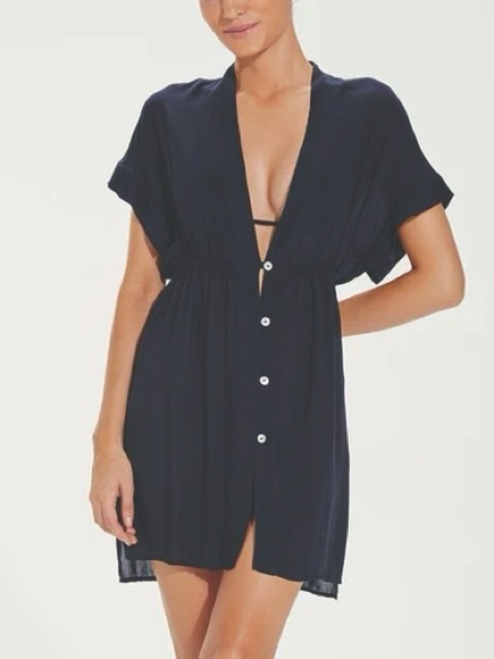 ViX Paula Hermanny Pleated Fuji Caftan Cover-Up Mini Dress Midnight Navy Size L